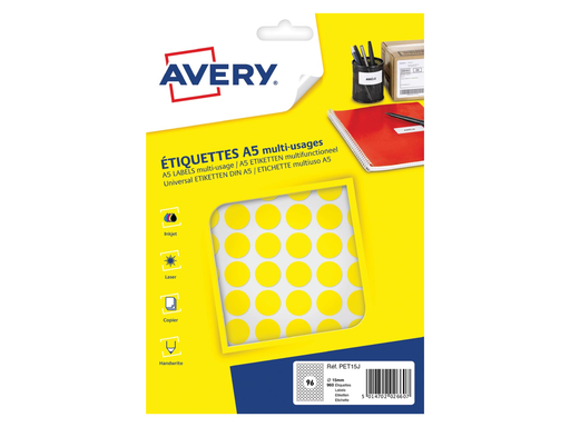 [TIM-PET15J] Markeringsetiket Avery 96 etik/bl. Ø15mm geel (10)