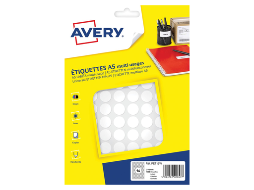 [TIM-PET15W] Markeringsetiket Avery 96 etik/bl. Ø15mm wit(16)