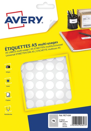 [TIM-PET15W] Markeringsetiket Avery 96 etik/bl. Ø15mm wit(16)