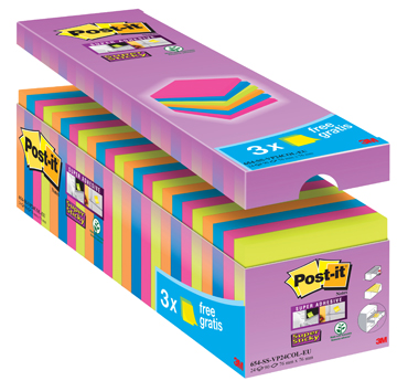 [TIM-SSCOLCA] Memoblok Post-it Super Sticky 76x76mm assorti voordeelpak 21+3 gratis